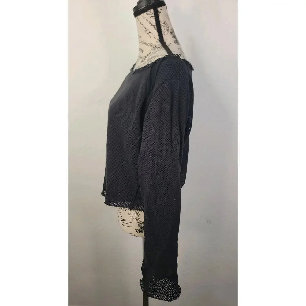 Free People Top SZ Large Beau Mesh Layering Long Sleeve Black Boho Grunge Witchy